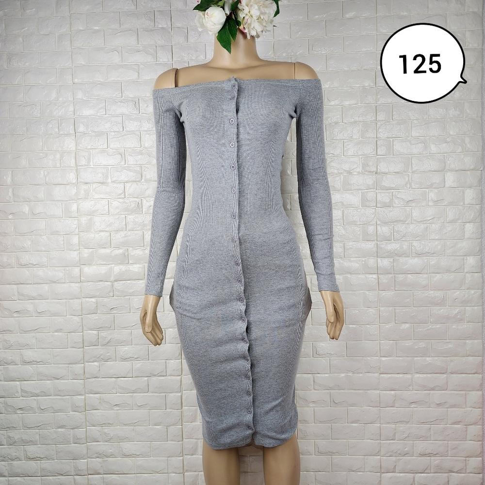 Dplus Studio Small Gray Off-Shoulder Button Midi Dress – Elegant Casual